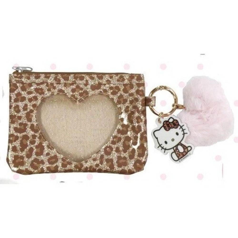 Sanrio Hello Kitty Gal Series Pouch Leopard Glitter Fuzzy Heart Pom Pom Charm